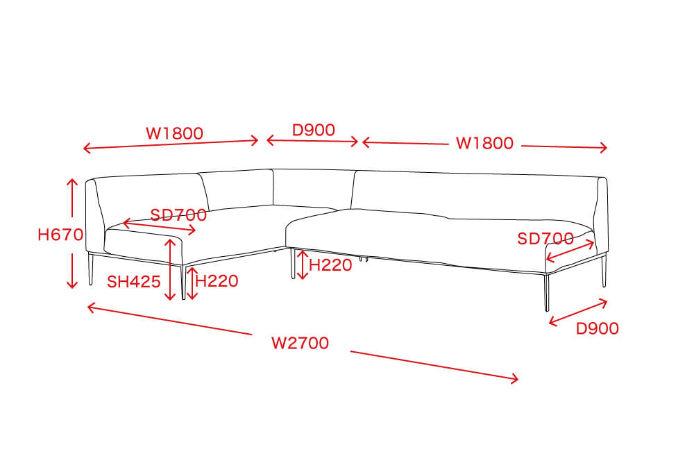 カウチソファ左(正面から見て左カウチ)2Pアームレスソファ+コーナーソファ右(片肘ソファ)